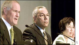 Canadian Minister of Foreign Affairs Bill Graham (left), US Secretary of State Colin Powell (centre) and Japanese Minister for Foreign Affairs Yoriko Kawaguchi 