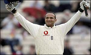 Mark Butcher celebrates his century