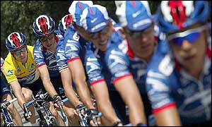 The US Postal team ride ahead of leader Lance Armstrong 