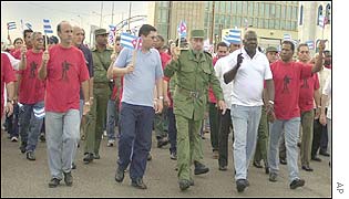 Cuban President Fidel Castro leads the march in Havana