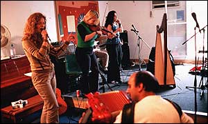 Bosnian singer Tea Hodzic, English violinist Eliza Carthy, Iraqi Kurd Tara Jaff (right) and Polish Roma accordionist Vanja