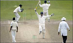 Trescothick and Vaughan celebrate the winning leg bye