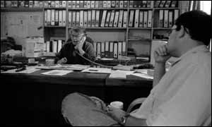 Lilla von Maltitz and her son Friedl in the office of their farm 