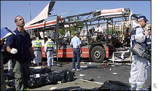 Wreckage of bus bombed in Jerusalem, 18 June, 2002