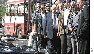 Ariel Sharon at scene of Jerusalem bus bombing