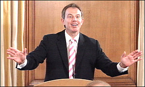 Prime Minister Tony Blair taking questions from journalists