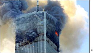 One of the WTC towers on fire after attack