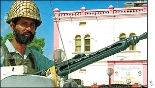 Soldier on guard outside court