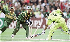 Batsman Saeed Anwar is run out 