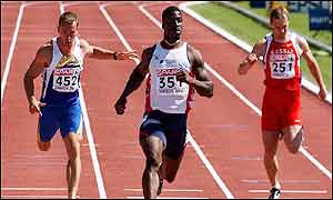 Dwain Chambers racing to victory in the 100m