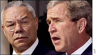 US Secretary of State Colin Powell (left) looks on as US President George W Bush announces a new $500m international HIV prevention initiative in Africa.