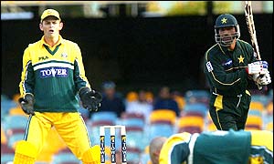 Pakistan's Yousuf Yohana and Australia's Adam Gilchrist