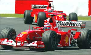 Rubens Barrichello leads Michael Schumacher in the closing stages of the European Grand Prix