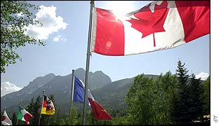 Flags representing the G8 nations at the summit in Kananaskis, Canada