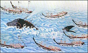 Old Japanese painting of medieval whaling expedition