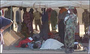 Makeshift morgue in the sports hall of Dodoma 