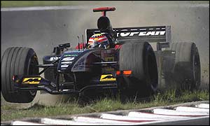 Minardi's Alex Yoong runs off the track at the European Grand Prix