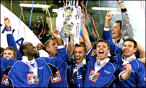 Birmingham City in May celebrate their promotion to the Premiership
