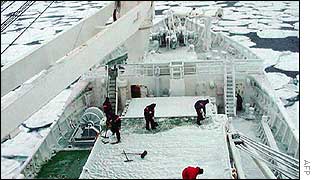 Crew clear ice off the deck of the Agulhas