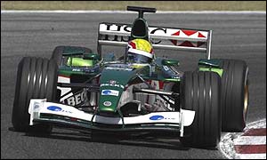 Mark Webber drives the new Jaguar R3b at Barcelona