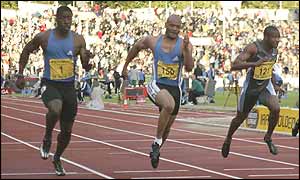 Dwain Chambers (left) races to victory in Oslo