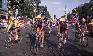 Reigning champion Lance Armstrong with the rest of the US Postal team