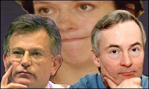 Those at centre of Sixsmith/Byers resignation row: Stephen Byers (L), Jo Moore (back) and Martin Sixsmith (R) 