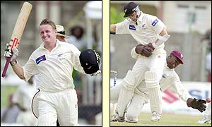 Scott Styris celebrates his century as New Zealand team-mate Robbie Hart collides with  West Indies wicket-keeper Ridley Jacobs