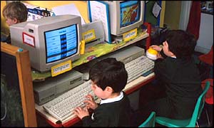 Children using computers in a nursery, BBC
