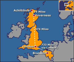 Map showing distances between Achiltibuie, Inverness, London and Brussels