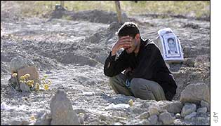 A teacher mourns by the grave of his son