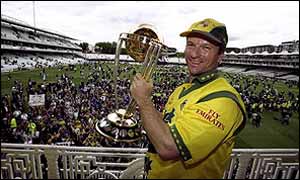 Steve Waugh celebrates winning the Cricket World Cup in 1999