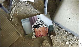 A torn picture of Palestinian leader Yasser Arafat in a building adjacent to the Palestinian Authority regional headquarters in the West Bank town of Hebron