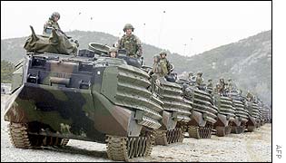 US Marines amphibious vehicles on a training exercise in S Korea