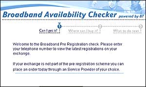 Screen grab of BT's availability checker