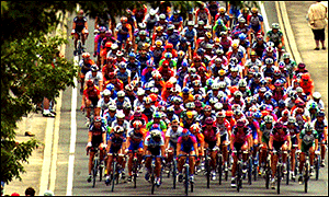 The peloton (main pack) of the Tour de France on stage one