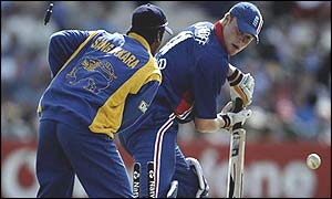 Andrew Flintoff is bowled by Jayasuriya