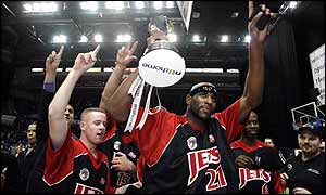 Chester Jets captain James Hamilton celebrates after winning the National Cup Final against Pertemps Bullets Birmingham  in January