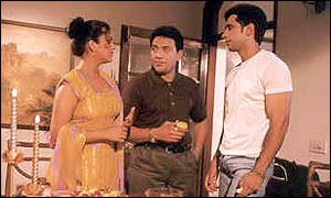 Actors Madan Jain, Shiv Dewan and Nimi Singh Bedi in a scene from Mrigrishna.