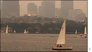 Smoke rises over Boston Harbour, Massachusetts