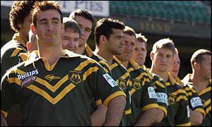Andrew Johns lines up with his Aussie team-mates