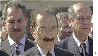 The now former Turkish Deputy Prime Minister, Husametin Ozkan (left), the Turkish Prime Minister, Bulent Ecevit (centre), and the leader of the rightwing Nationalist Action Party, Devlet Bahceli