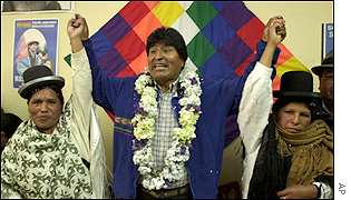 Evo Morales with congresswomen Ceverina Perez and Cleta Aquino