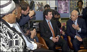 Ian Duncan Smith talking to shadow Home Secretary Oliver Letwin and a few Brixton residents at Brixton Baptist church