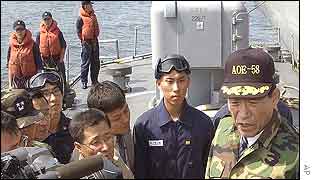 South Korean Defence Minister Kim Dong-shin, centre, as he visits the navy's 2nd Fleet Command near Yeonpyeong Island