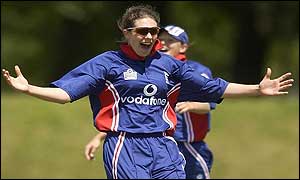 Laura Harper celebrates the wicket of Hemlata Kala 