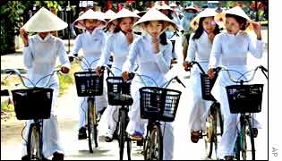 Young Vietnamese women on bicycles