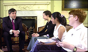Chancellor Gordon Brown meeting pupils before his spending statement