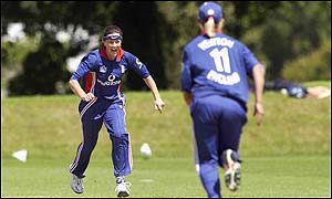 Clare Taylor takes a wicket against India