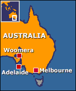 Map of Australia showing Woomera, Adelaide and Melbourne